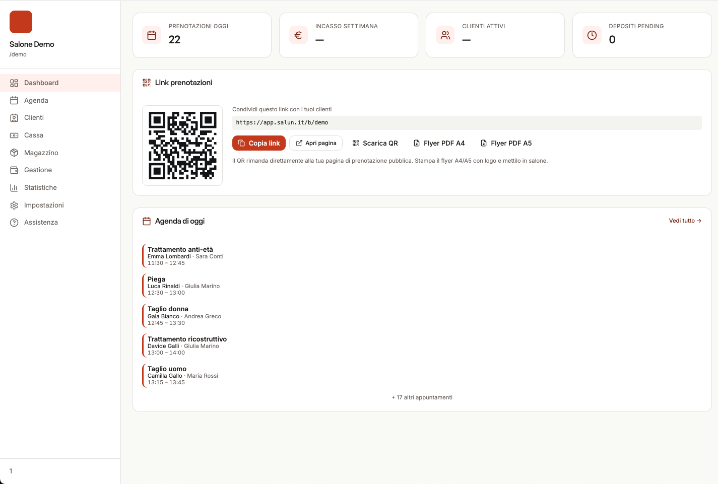 Anteprima dashboard Salun — agenda settimanale con appuntamenti